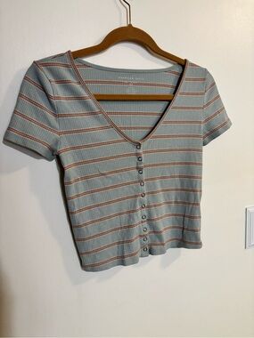 American Eagle Outfitters Light Blue and Orange Striped Ribbed V-Neck Crop Top